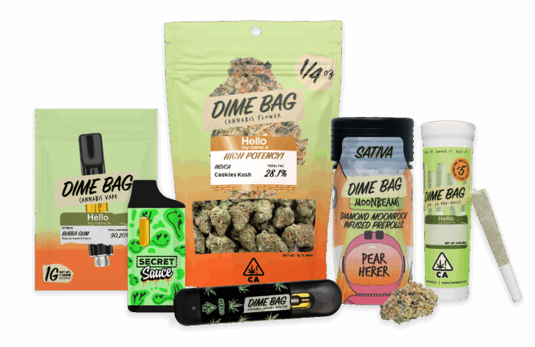 Dime Bag Cannabis 510 Thread Vape Cart, Secret Sauce All in One Vape, Quarter Bag of Whole Nug Flower, All in One Classic Vape, Pack of Moonbeams Infused Prerolls, Pack of Classic Prerolls, Single Preroll and Whole Nug